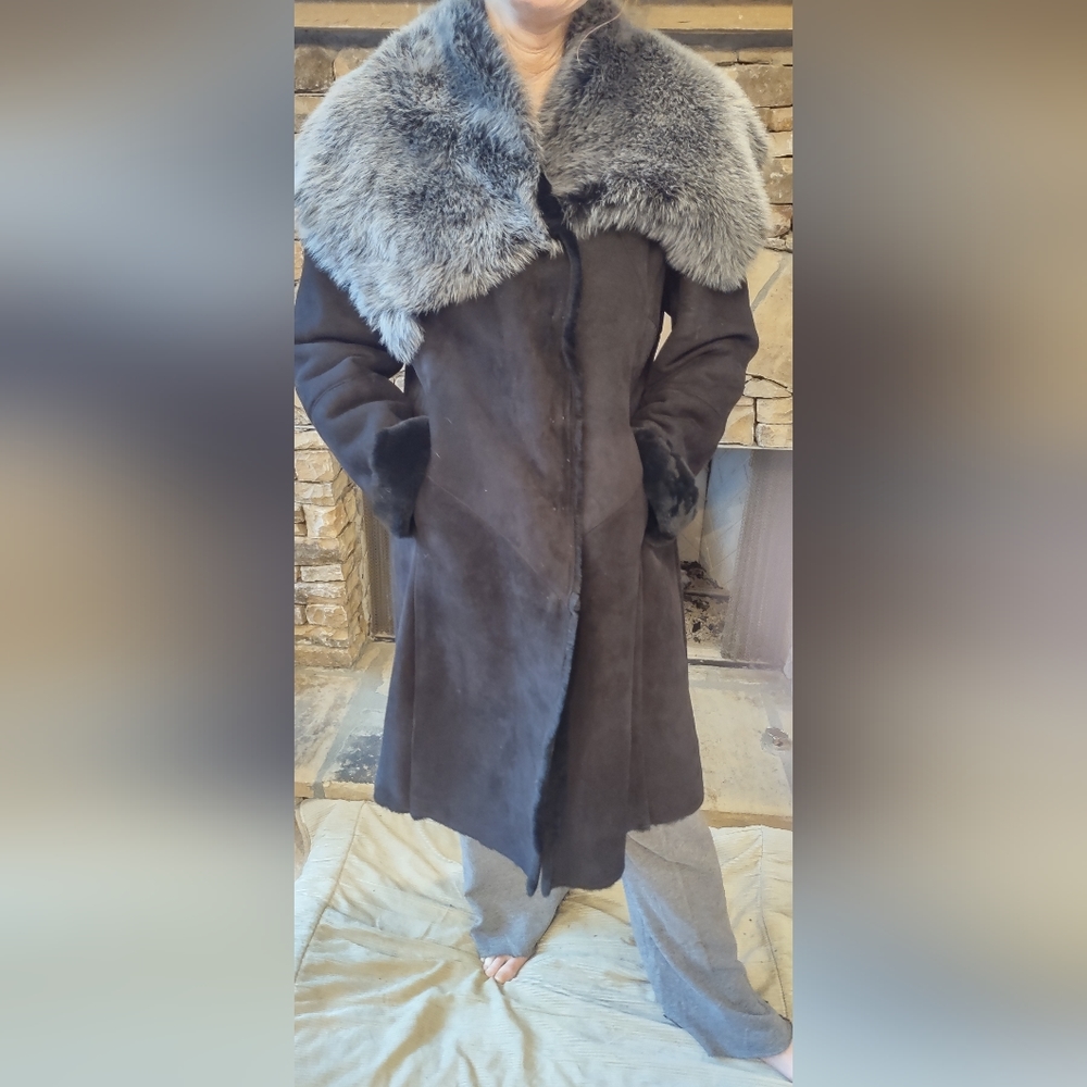 Shearling coat Lamb Fur Badgley Mischka couture black Leather suede Gray Collar - Picture 2 of 13